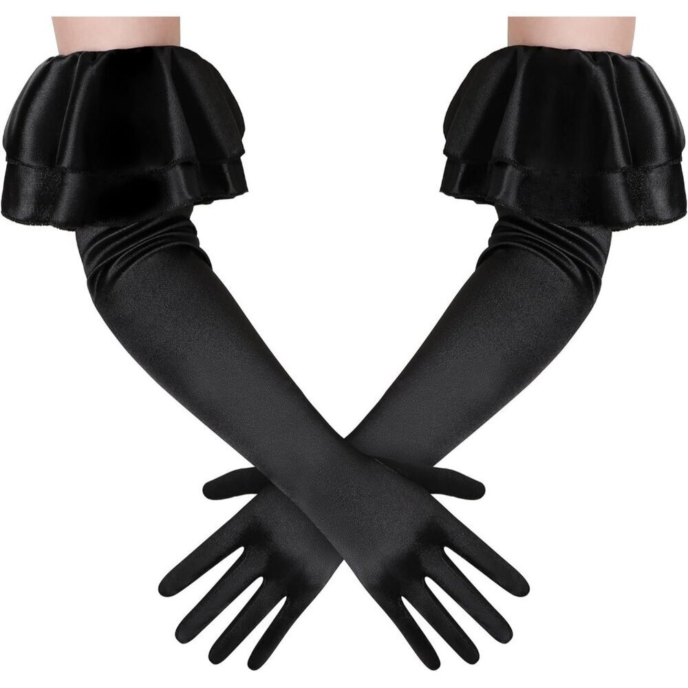 Women's Black Long Satin Ruffle Cuff Stretchy Sleeves Gloves Wedding Costume